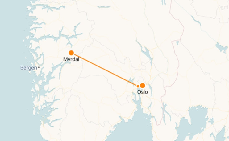Mapa de Oslo a Myrdal 
